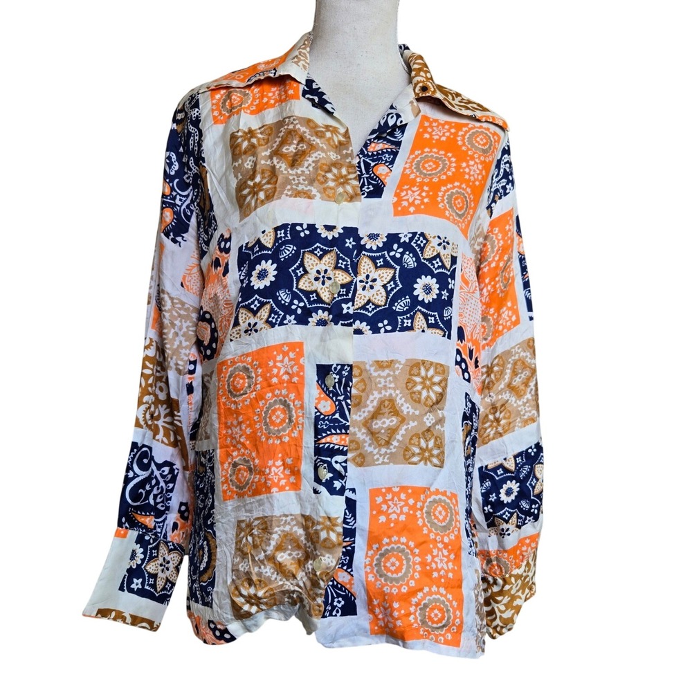 Vtg 70s Lana Mae Abstract Patchwork Button-Up Shirt Long Sleeve Pattern‎